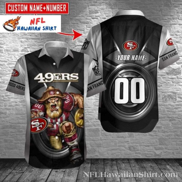 49ers Gridiron Mascot Monochrome Custom Number Hawaiian Shirt