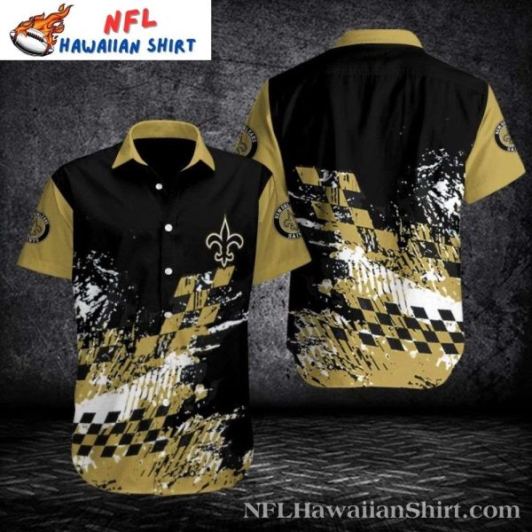 Abstract Gold Gridiron – NFL Hawaiian New Orleans Saints Shirt With Splatter Art