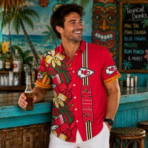 Arrowhead Floral Fiesta: KC Chiefs Hawaiian Shirt with Red Center Stripe and Tropical Floral Panels