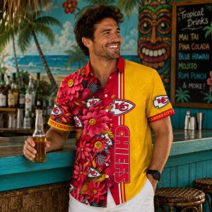 Autumnal Chiefs Harmony: Kansas City Chiefs Hawaiian Shirt with Red Floral and Gold Split Design