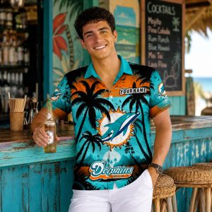 Beachside Blitz Miami Dolphins Custom Name Hawaiian Shirt – Tropical Nightscape