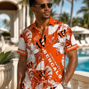 Bengal Bloom Orange Floral Hawaiian Shirt with Custom Name – Bengals Fan Gear