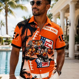 Bengals Beachside Blitz Hawaiian Shirt with Custom Name and Tiger Mascot