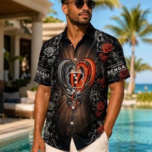 Bengals Gothic Heart Personalized Hawaiian Shirt – Dark Romance Aloha Style