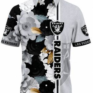 Black and White Bloom: Las Vegas Raiders Tropical Hawaiian Shirt with Monochromatic Floral Design