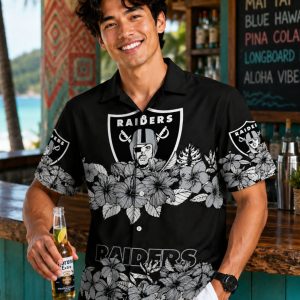 Black and White Floral Raiders Elegant Hawaiian Shirt: Refined Monochromatic Fan Design