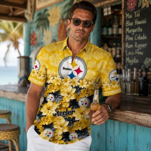 Bloom of Victory: Floral Burst Pittsburgh Steelers Hawaiian Shirt with Gold Hibiscus Field