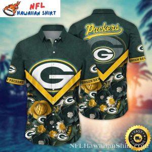 Bold Emblem Green Bay Packers Hawaiian Shirt With Golden Blooms