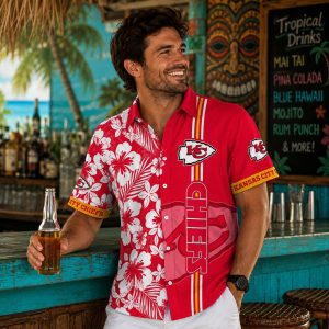 Chiefs Floral Blitz: Kansas City Chiefs Men’s Hawaiian Shirt with Dense Tropical Floral Print