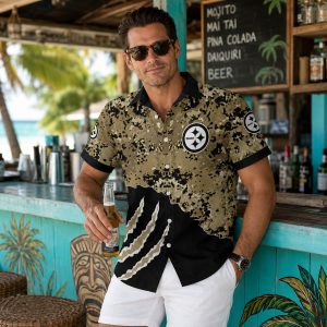Camouflage Blitz: Military-Inspired Pittsburgh Steelers Tropical Shirt with Claw Tear Design