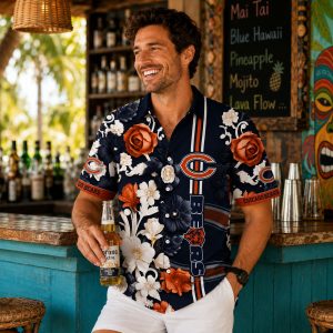 Chicago Bears Black and White Tropical Hawaiian Shirt