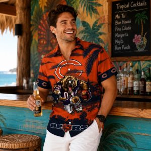 Chicago Bears Bold Sunset Palm Silhouette Hawaiian Shirt