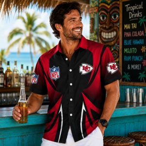Chiefs Blaze: Red and Black Kansas City NFL Hawaiian Shirt with Flame Gradient Design