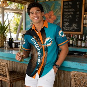 Classic Miami Dolphins Hawaiian Shirt – Jersey-Inspired Arc Layout