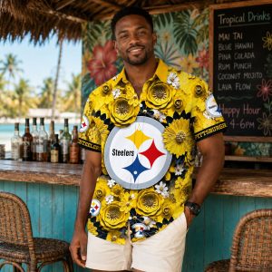 Daisy Field Play: Cheerful Pittsburgh Steelers Hawaiian Shirt with Gold Sunflower Botanical Print
