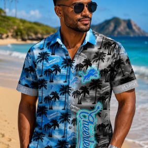 Detroit Lions Beachside Palm Shadows Hawaiian Shirt