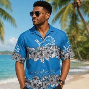 Detroit Lions Bold Blue Hibiscus Hawaiian Tropical Shirt