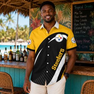Dynamic Black Gold Diagonal Stripe Pittsburgh Steelers Hawaiian Shirt with Curved Arc Design