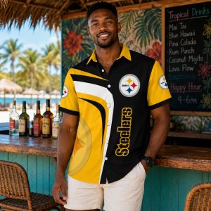 Dynamic Duo Tone: Pittsburgh Steelers Tropical Hawaiian Shirt with Equal Gold and Black Split