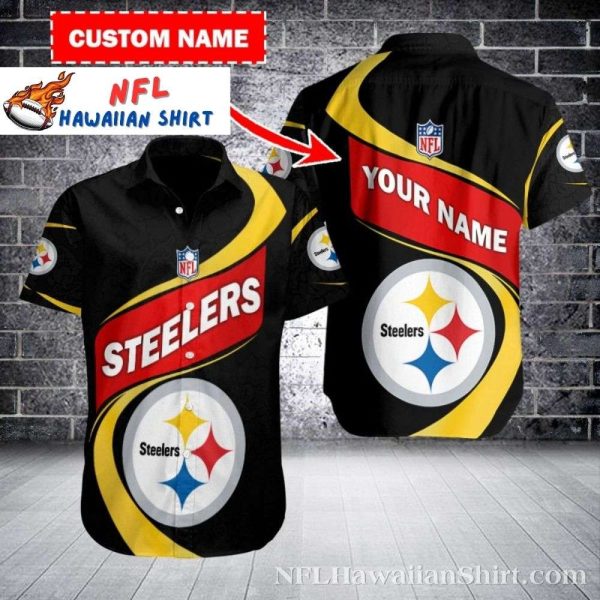 Dynamic Play Black And Red Banner Steelers Hawaiian Shirt With Custom Name