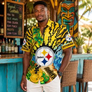Electric Wave: Pittsburgh Steelers Vibrant Hawaiian Shirt with Gold Crackle and Art Nouveau Tropical Design