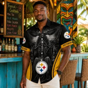 Eternal Vigilance: Pittsburgh Steelers Guardian Hawaiian Shirt with Gothic Skeleton Illustration