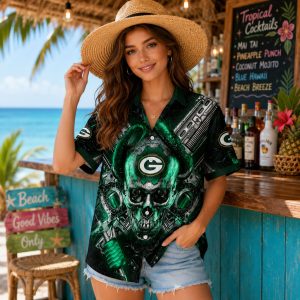 Green Bay Packers Cyber Skull Hawaiian Shirt – Personalized Name and Number