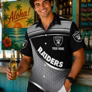 Customizable Gridiron Spirit: Las Vegas Raiders Men’s Hawaiian Shirt with Football Field Design