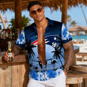 Aloha Touchdown Flamingo Patriots Hawaiian Shirt – Customizable Name Blue Floral Design