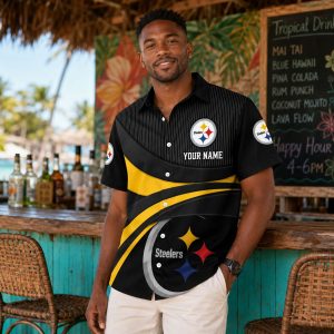 Customizable Pittsburgh Pride Black and Gold Stripe Steelers Hawaiian Shirt: Name on Chest