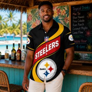 Dynamic Play: Black and Red Banner Steelers Hawaiian Shirt with Custom Name on Back