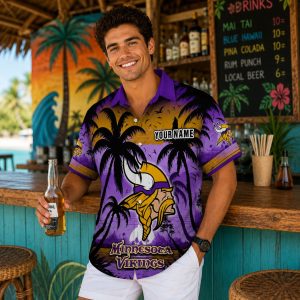 Beachfront Classic Car Minnesota Vikings Custom Name Hawaiian Shirt