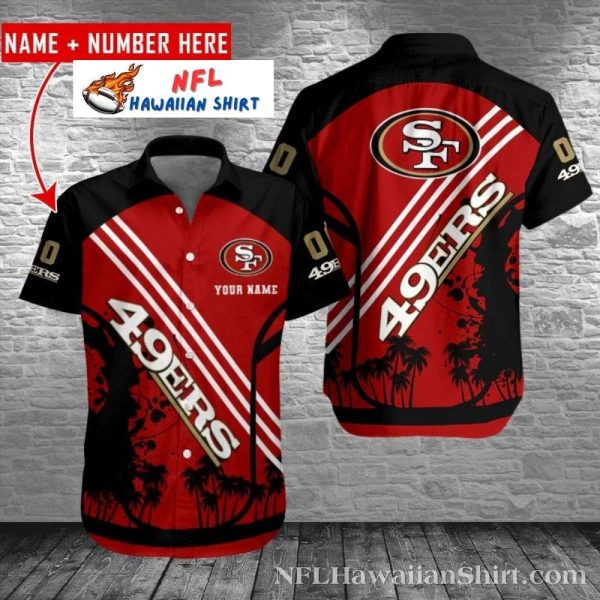49ers Sunset Palm Silhouette Red Black Hawaiian Shirt With Name And Number