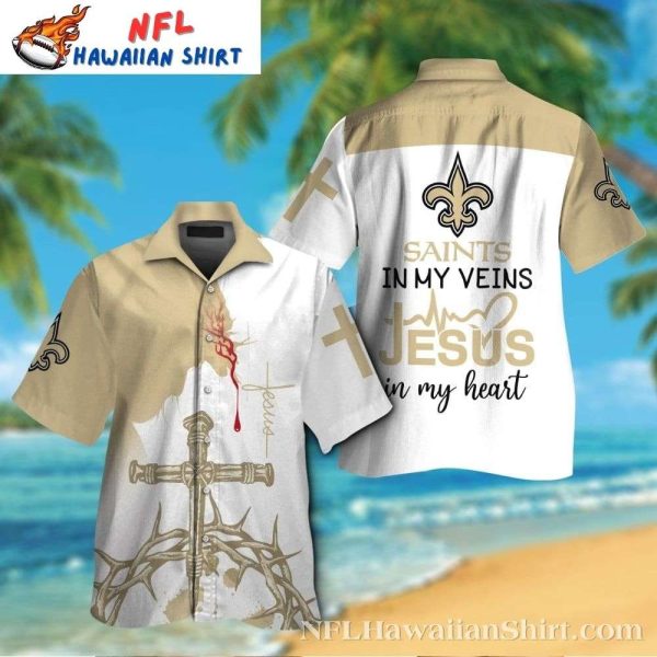 Divine Touchdown – New Orleans Saints Tropical Hawaiian Shirt With Religious Motif