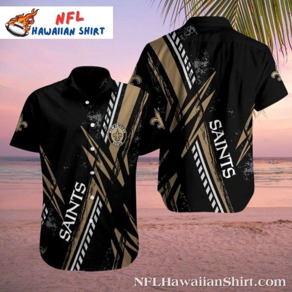 Dramatic Black Field – New Orleans Saints Hawaiian Shirt With Gold Stripe Detail