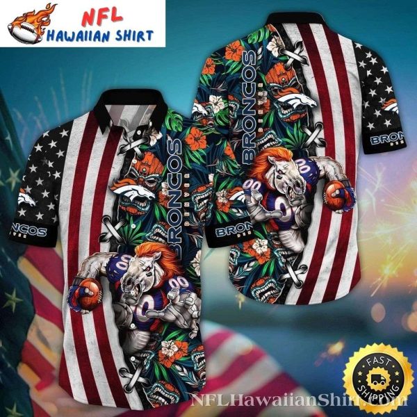 Exclusive Denver Broncos Team Mascot And Tiki Hawaiian Shirt With American Flag Design