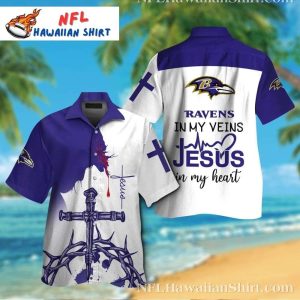 Faith And Football – Baltimore Ravens Hawaiian Shirt With Cross And Heartbeat Design