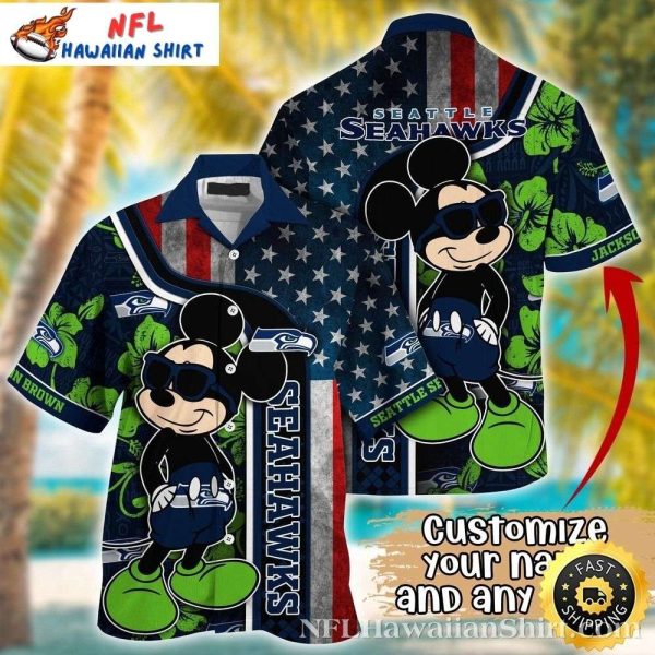 Mickey Graphics With American Flag Background Seattle Seahawks Hawaiian Shirt