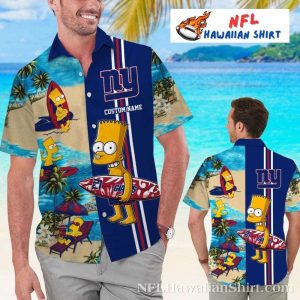 NY Giants Aloha Shirt Featuring Bart Simpson On The Beach Design