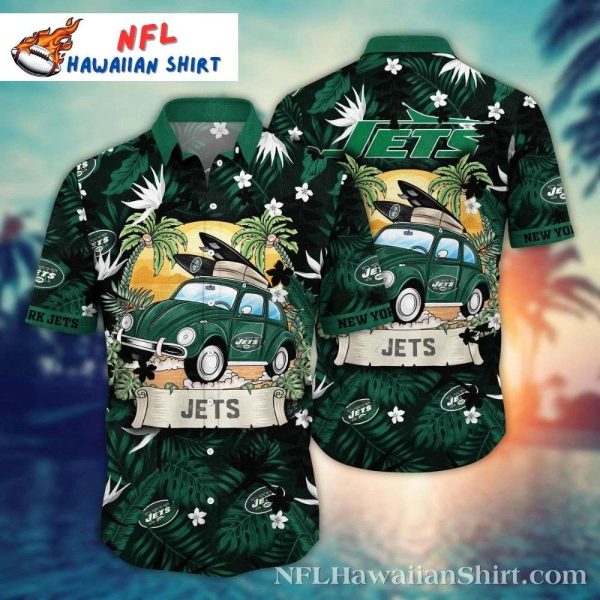 NY Jets Tropical Forest Motif Car Traveling Hawaiian Shirt – Vibrant Team Logo Aloha Shirt