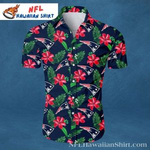 Patriots Tropical Hibiscus Hawaiian Shirt – Navy With Red Florals And Team Logo