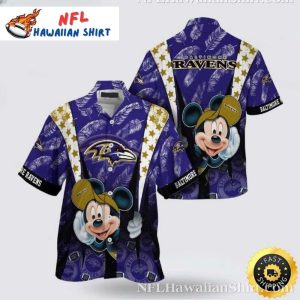 Ravens Mickey Mouse Cheerful Charm Aloha Shirt – Playful Purple Fan Delight