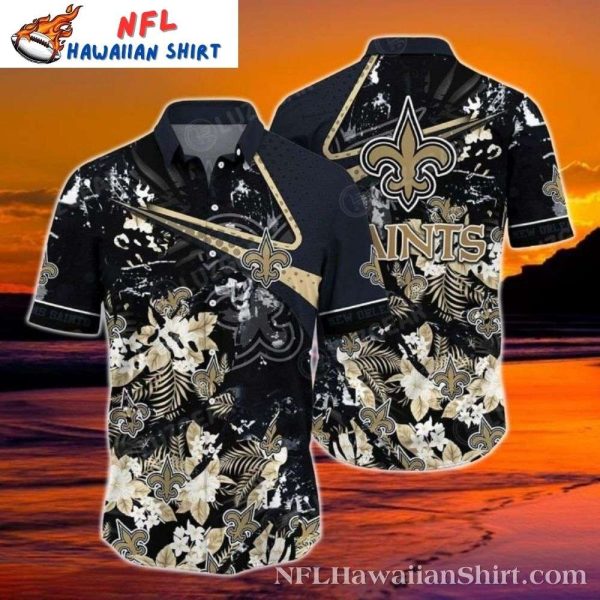 Saints Hawaiian Shirt With Floral Noir Print And Gold Detailing