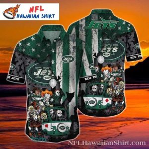 Stars, Stripes And Scares New York Jets Hawaiian Shirt With Halloween Character Graphics