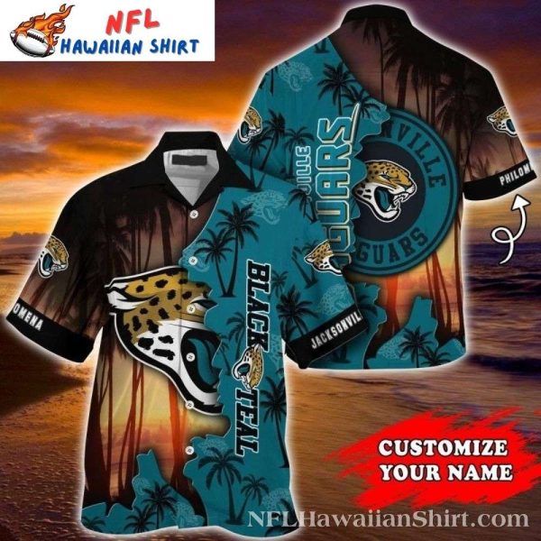 Sunset Shadows Jaguars Black Teal Ombre Customizable Hawaiian Shirt