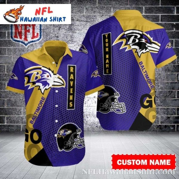 Touchdown Triumph – Vibrant Baltimore Ravens Hawaiian Shirt With Helmet Design