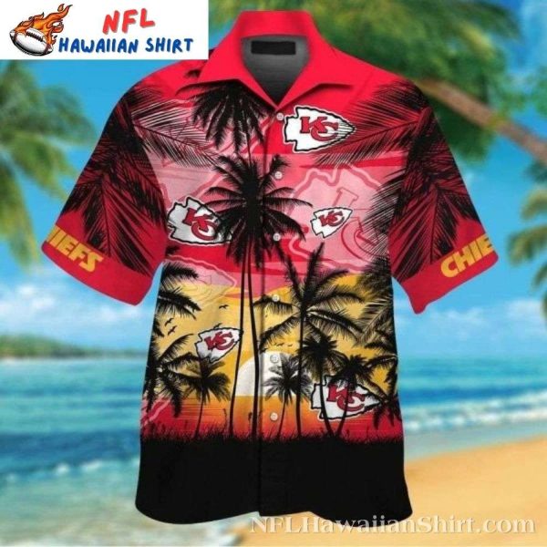 Tropical Chiefs Sunset – Palm Tree Paradise Red Hawaiian Shirt