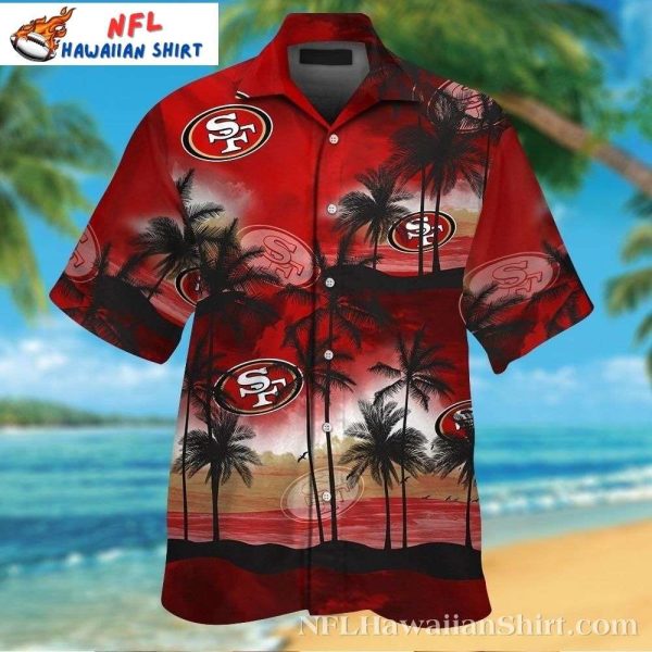 Tropical Sunset 49ers Hawaiian Shirt – Red Black Palm Silhouette