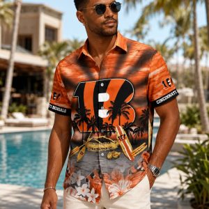 Cincinnati Bengals Beach Hawaiian Shirt with Surfboards and Palm Trees