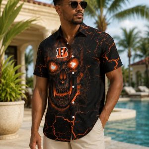 Bengals Fiery Skull Custom Name Hawaiian Shirt – Lava Skull Art Fan Design